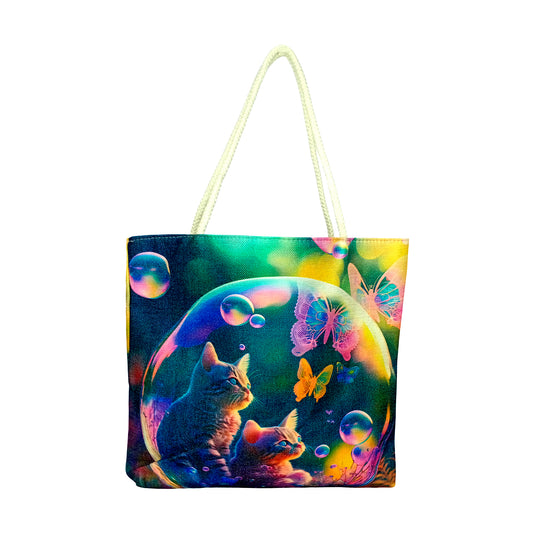 Bubble Kittens Jute Rope-Handled Tote Bag – 17 "x 15" | Eco-Friendly Durable Shopping Tote | Cute Cat Print Shoulder Bag
