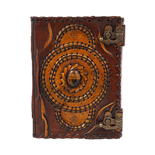 Leather Embossed Journal with Tiger Eye Stone – 5 x 7 Inch Handmade Notebook with Aged Parchment Paper