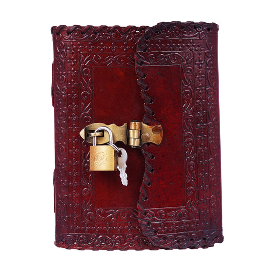 Stitched Lock and Key Embossed Leather Journal – 5 x 7 Inch Multicolor Handmade Leather Notebook with Lock & Key