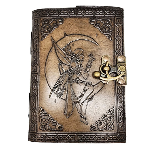 Fairy on Moon Embossed Leather Journal – 5 x 7 Inch Vintage Style Notebook with Aged Handmade Lined Parchment Paper