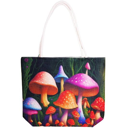 Garden of Mushrooms Jute Tote Bag – 17 x 15 x 4.5 Inch | Eco-Friendly Durable Shopping Shoulder Bag