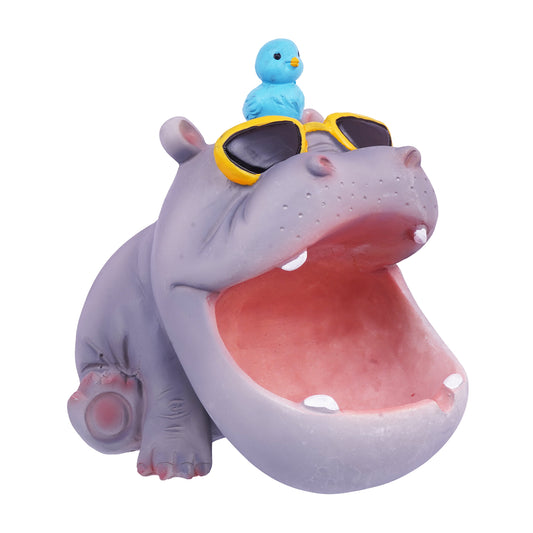 BIG Cool Hippo Ashtray with Bird on Head – 5.5 x 4 x 3.5 Inch Hand-Painted Cold Cast Resin