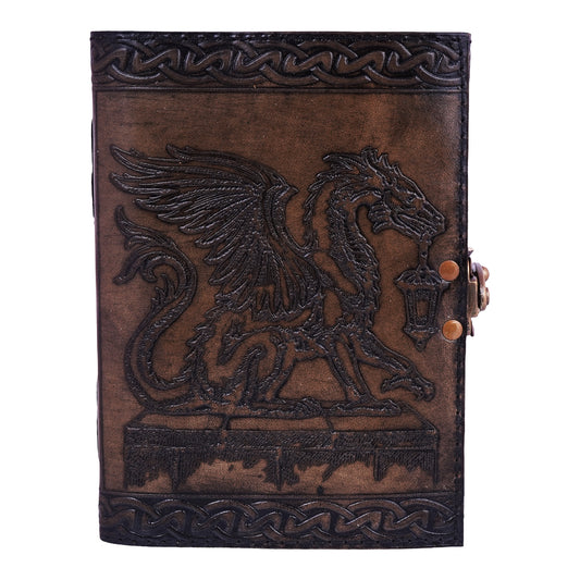 Who Goes There? Dragon Holding Lantern Embossed Leather Journal - 5x7 Handmade Notebook