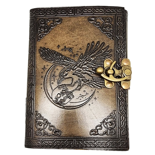 Raven Holding Skull with Moon Embossed Leather Journal – 5 x 7 Inch Gothic Notebook