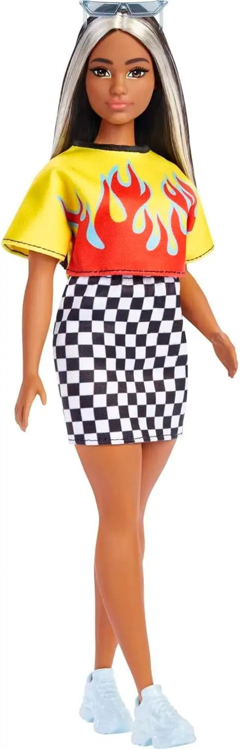 Barbie Fashionistas Doll, Curvy, Long Highlighted Hair & Flame Crop Top, Checkered Skirt, Sneakers & Sunglasses, Toy for Kids 3 to 8 Years Old Visit the Barbie Store Trendy Zone 21