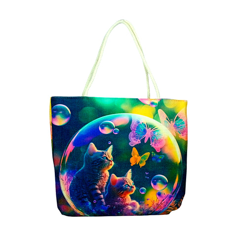 Bubble Kittens Jute Rope-Handled Tote Bag – 17 "x 15" | Eco-Friendly Durable Shopping Tote | Cute Cat Print Shoulder Bag