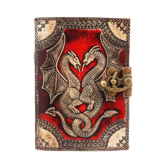 Handmade Red Double Dragon Embossed Leather Journal – 5 x 7 Inch Vintage Notebook with Aged Linen Parchment Paper | Unique Diary for Writing, Notes & Art
