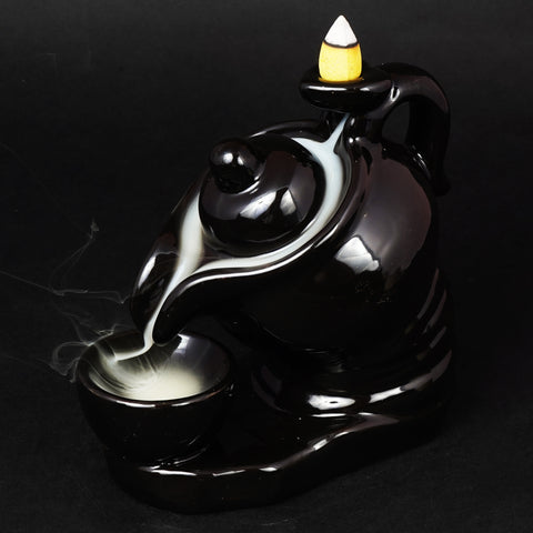 Black Ceramic Teapot Backflow Incense Burner | 5 Inches Tall