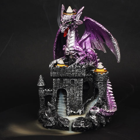 Purple Dragon Backflow 3 Cone Incense Burner Protecting Castle 8 Inch for Home