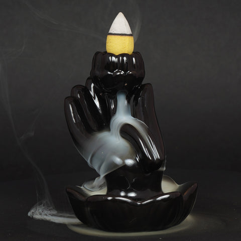 Lotus in Hand Black Ceramic Backflow Incense Burner – 3.5 Inch