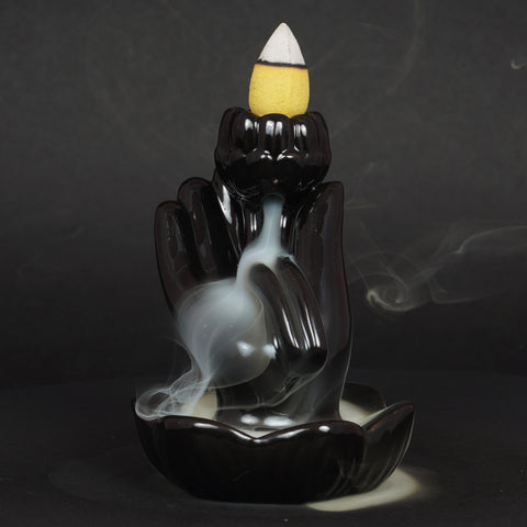 Lotus in Hand Black Ceramic Backflow Incense Burner – 3.5 Inch