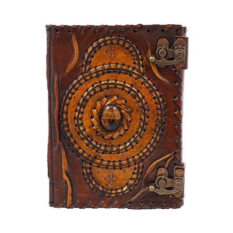Leather Embossed Journal with Tiger Eye Stone – 5 x 7 Inch Handmade Notebook with Aged Parchment Paper