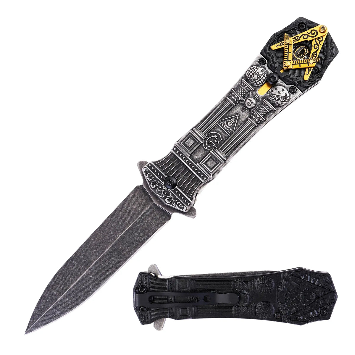 Masonic Folding Knife, Engraved Masonic Logo Expertly Crafted, Symbolic Utility for Masons | Perfect for EDC, & Ceremonial Use with Superior Durability, Iconic Masonic Emblems, Ideal for Collectors (Grey) Trendy Zone 21