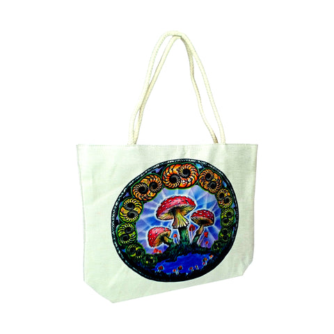 DuBois Mushrooms Design Jute Rope Handled Tote Bag – 16" x 15" x 5" Eco-Friendly Canvas Shopping Bag