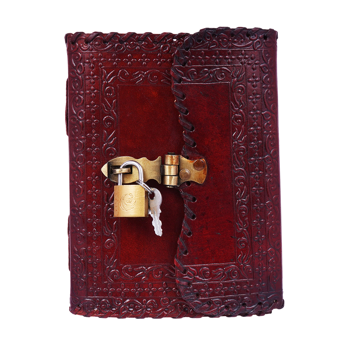 Stitched Lock and Key Embossed Leather Journal – 5 x 7 Inch Multicolor Handmade Leather Notebook with Lock & Key