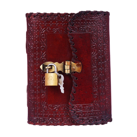Stitched Lock and Key Embossed Leather Journal – 5 x 7 Inch Multicolor Handmade Leather Notebook with Lock & Key