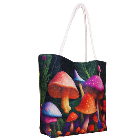 Garden of Mushrooms Jute Tote Bag – 17 x 15 x 4.5 Inch | Eco-Friendly Durable Shopping Shoulder Bag