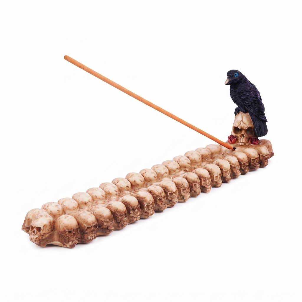 Skull and Raven Incense Burner – 11 Inch Hand-Painted Cold Cast Resin Holder for Stick Incense