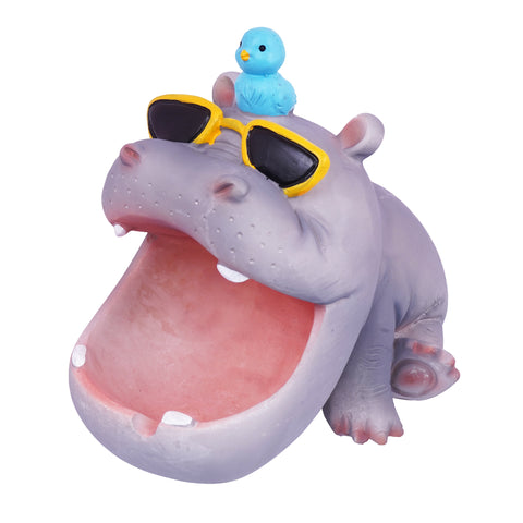 BIG Cool Hippo Ashtray with Bird on Head – 5.5 x 4 x 3.5 Inch Hand-Painted Cold Cast Resin