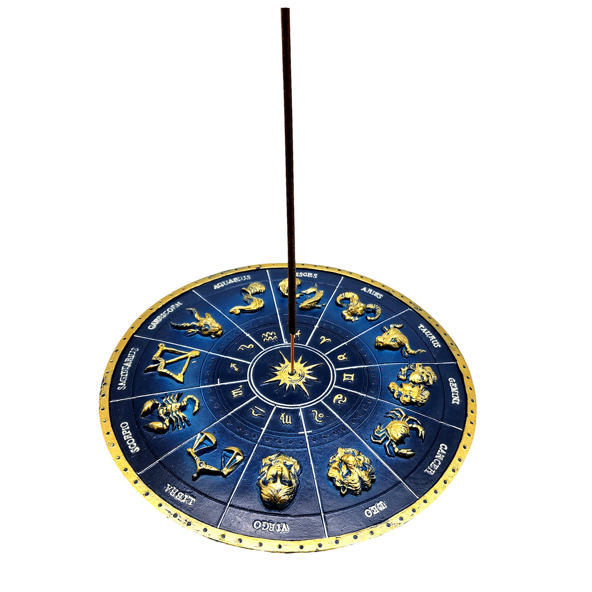 Round Starsign Zodiac Incense Burner – 6.5 Inch Polyresin Burner in Blue & Gold