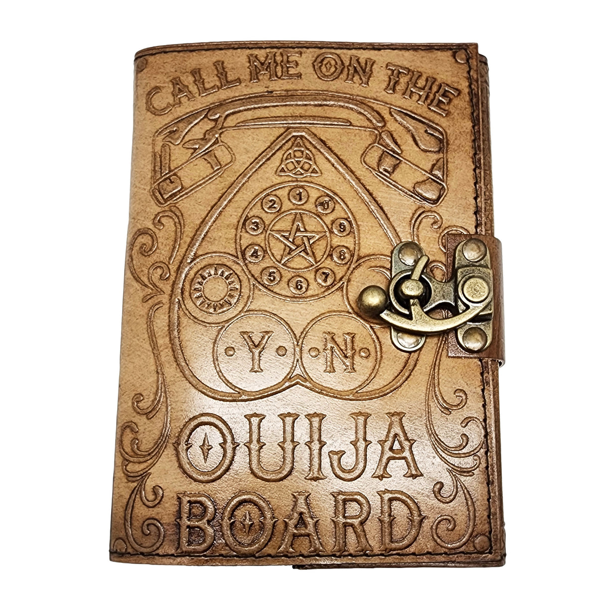 Call Me on the Ouija Board Leather Embossed Journal – 5 x 7 Inch Vintage Style Notebook with Aged Handmade Linen Parchment Paper