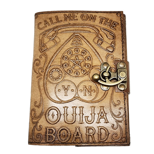 Call Me on the Ouija Board Leather Embossed Journal – 5 x 7 Inch Vintage Style Notebook with Aged Handmade Linen Parchment Paper