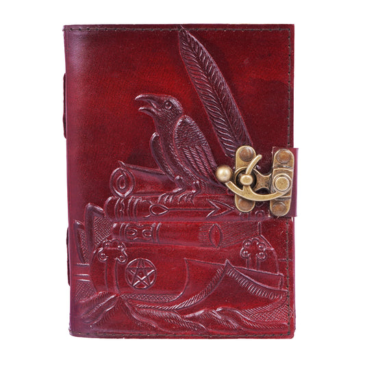 Raven on Books Design Embossed Leather Journal , 5x7 Inch Handmade Notebook
