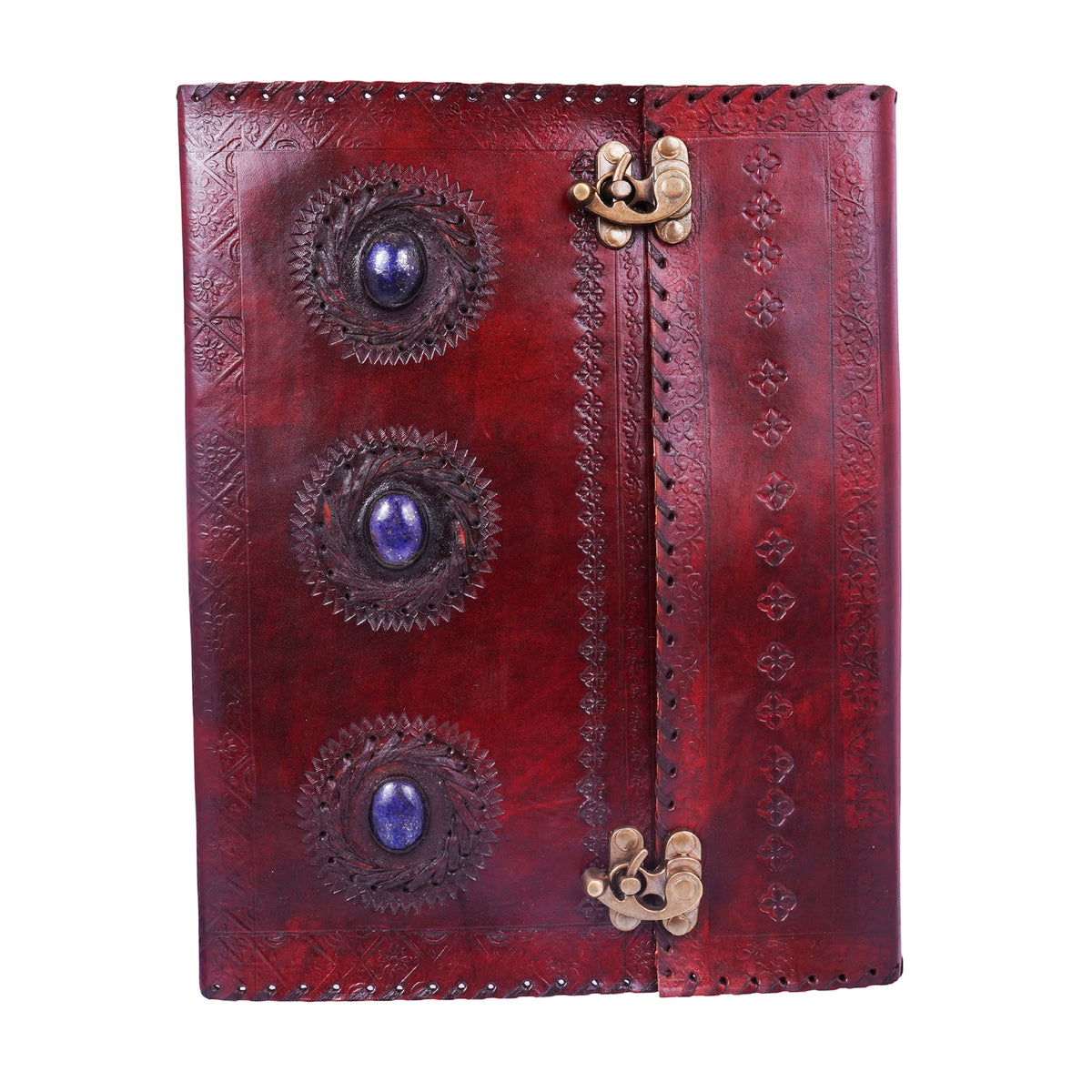 Large Triple Blue Stone Embossed Leather Journal – Handmade Leather-Bound Notebook with Double Swing Clasps