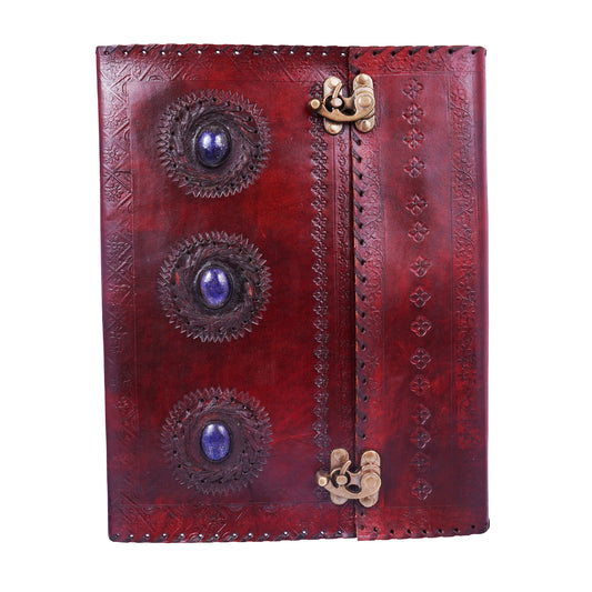 Large Triple Blue Stone Embossed Leather Journal – Handmade Leather-Bound Notebook with Double Swing Clasps