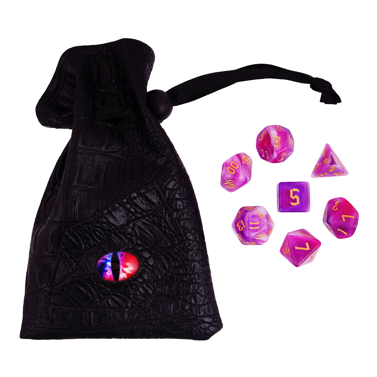 Gaming Dice Set with Embossed Black PVC Bag – Multicolored Eye Design