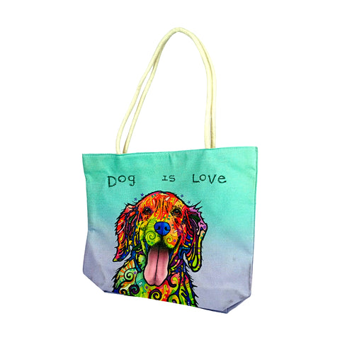 Techno Jute “Dog Is Love” Tote Bag – 15" Eco - Friendly Canvas Shopping Bag with Colorful Art