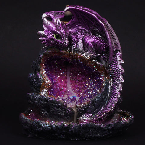Purple Baby Dragon Backflow Incense Burner LED Geode 6" for Home Décor ,Yoga