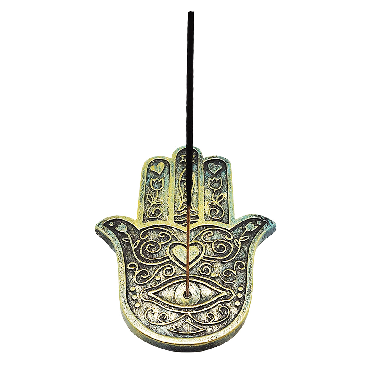 Hamsa Hand Flat Incense Burner – 5 x 4 Inch Bronze Finish Stick Incense Holder