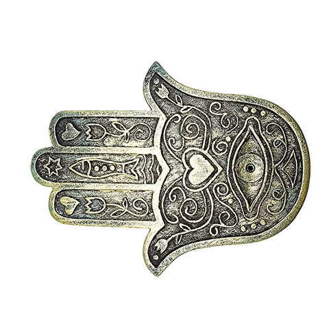 Hamsa Hand Flat Incense Burner – 5 x 4 Inch Bronze Finish Stick Incense Holder