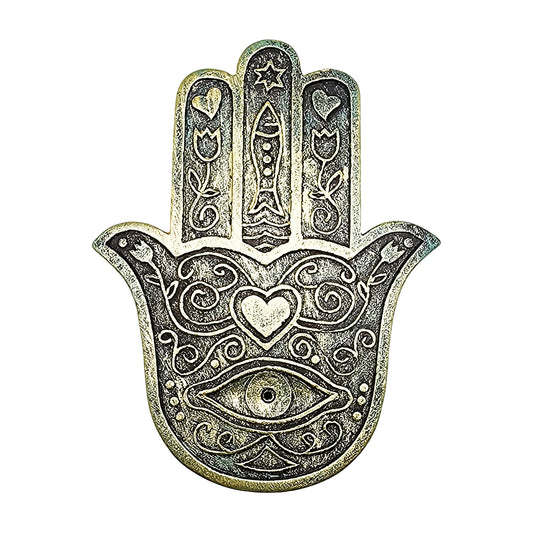 Hamsa Hand Flat Incense Burner – 5 x 4 Inch Bronze Finish Stick Incense Holder