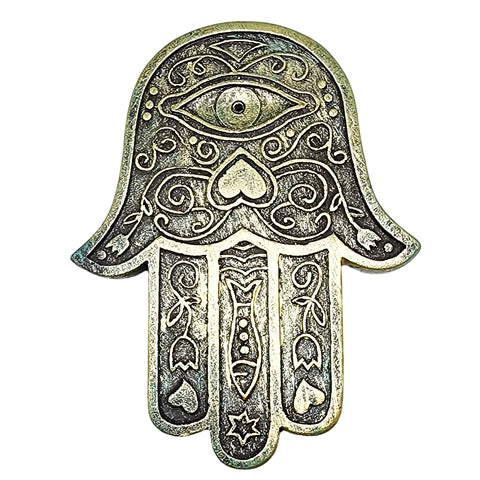 Hamsa Hand Flat Incense Burner – 5 x 4 Inch Bronze Finish Stick Incense Holder