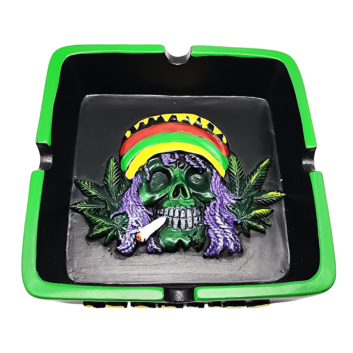 Square Rasta Skull with Leaves Ashtray, x 4 1/4"