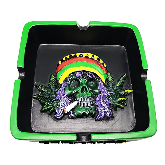 Square Rasta Skull with Leaves Ashtray, x 4 1/4"