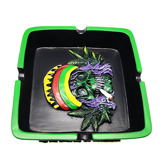 Square Rasta Skull with Leaves Ashtray, x 4 1/4"