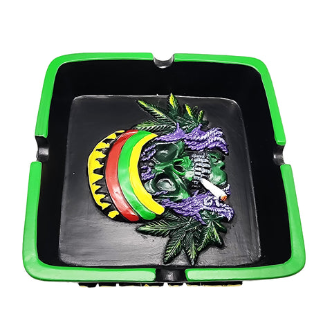 Square Rasta Skull with Leaves Ashtray, x 4 1/4"