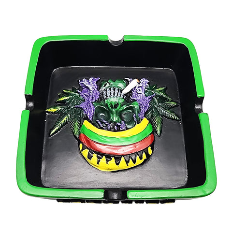 Square Rasta Skull with Leaves Ashtray, x 4 1/4"