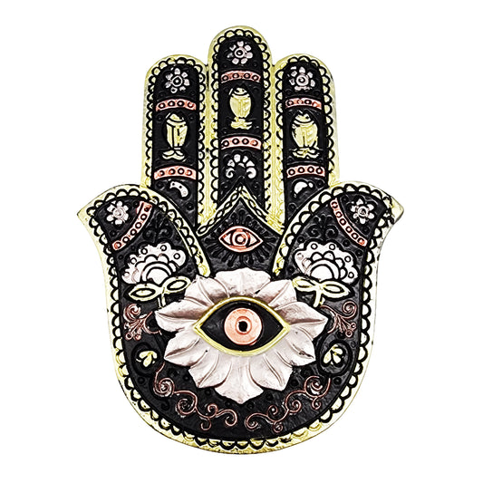 Hamsa Hand Incense Burner – Black & Gold Aromatic Stick Holder, 5.5 x 4 Inch
