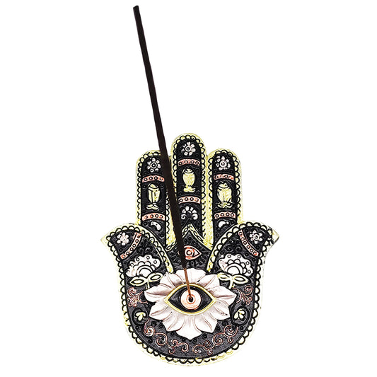 Hamsa Hand Incense Burner – Black & Gold Aromatic Stick Holder, 5.5 x 4 Inch