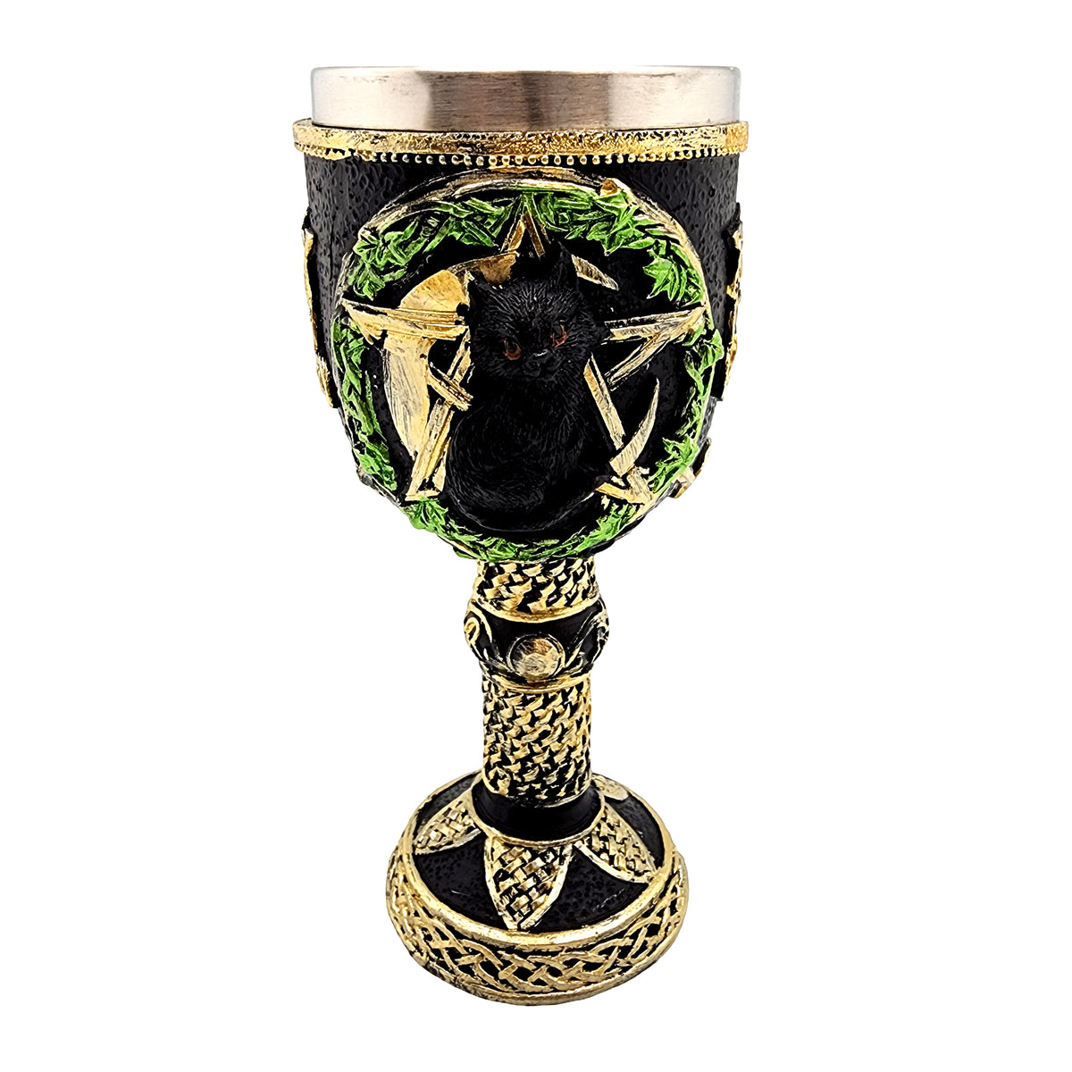 Magickal Cat on Pentagram Goblet 7 x 3 Inches – Hand-Painted Cold Cast Resin