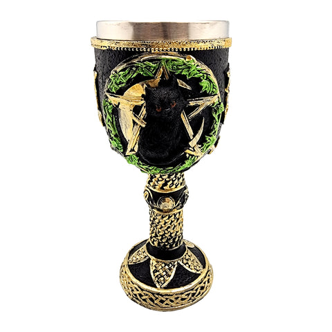 Magickal Cat on Pentagram Goblet 7 x 3 Inches – Hand-Painted Cold Cast Resin