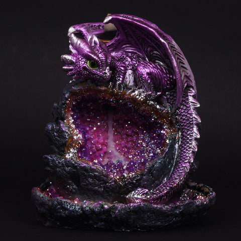 Purple Baby Dragon Backflow Incense Burner LED Geode 6" for Home Décor ,Yoga