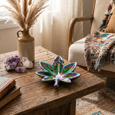 Hemp Leaf Rainbow Iridescent Ashtray – 4.8 x 6 Inch Decorative Leaf Ash Tray