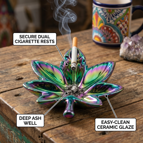 Hemp Leaf Rainbow Iridescent Ashtray – 4.8 x 6 Inch Decorative Leaf Ash Tray