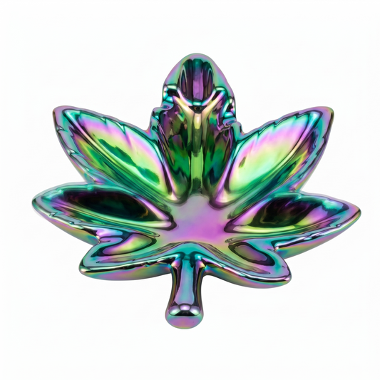 Hemp Leaf Rainbow Iridescent Ashtray – 4.8 x 6 Inch Decorative Leaf Ash Tray