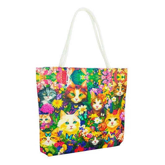 Flower Kitties Jute Tote Bag – 17 x 15 x 4.5 Inch Eco-Friendly Shopping Bag Stylish Cat-Themed Reusable